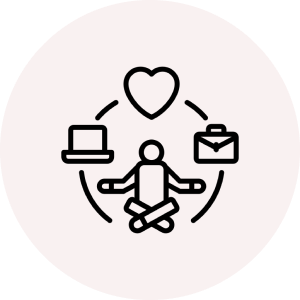 Black icon of person sitting with legs crossed holding a computer, briefcase, and heart