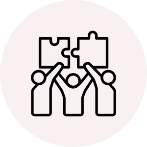 Black icon of three people putting two puzzle pieces together.