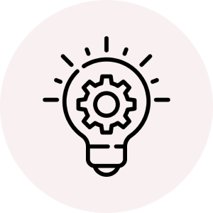 Icon of gear inside of a lightbulb in a light red circle