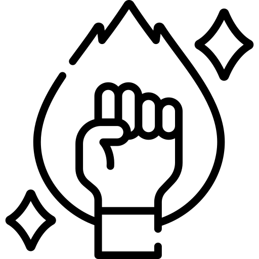 Black icon of fist pump in front of flame.