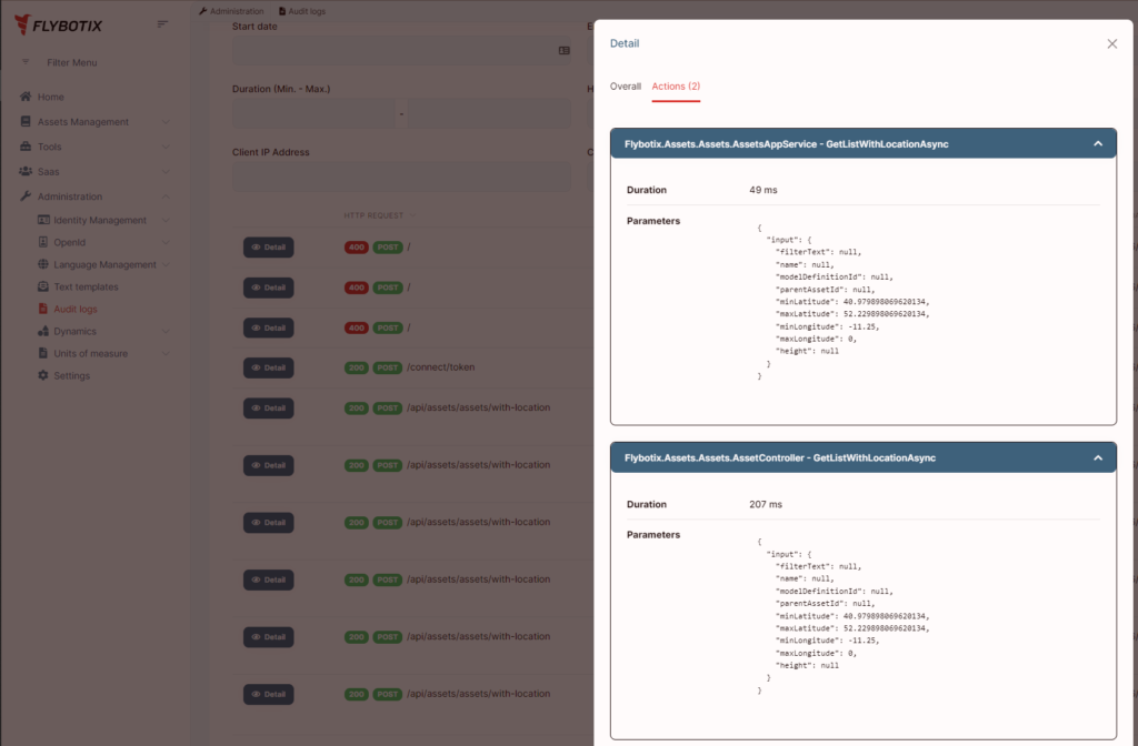 Editing backend information and extra fields of various asset types within the ASIO Connect platform, with the editing interface shown in a side popup.