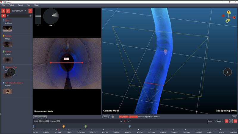 A video interface showing point cloud measurements being taken directly using the ASIO Explore software.